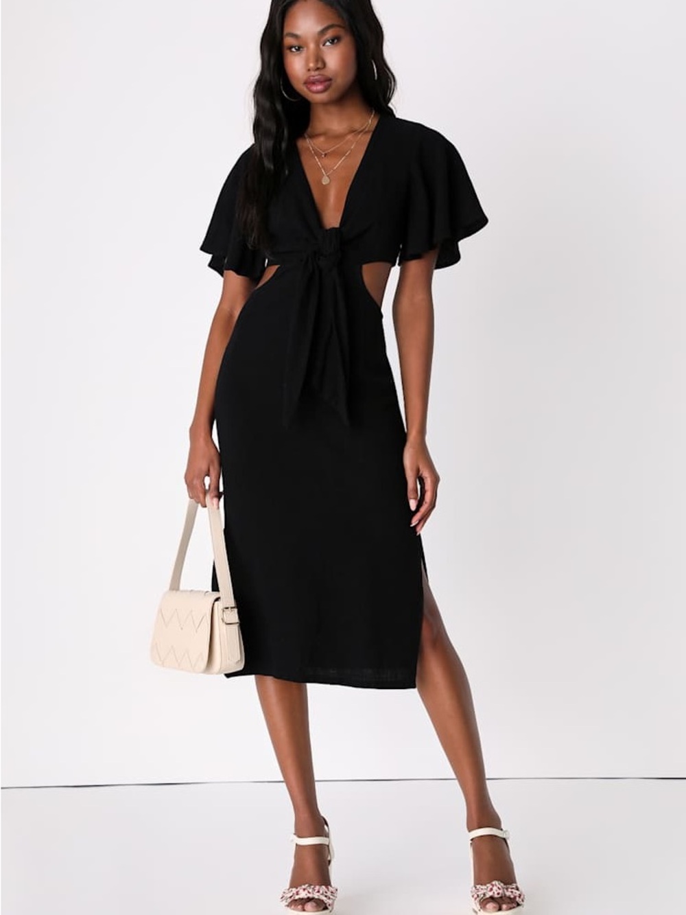 Lulu's Black Tie-Front Cutout Midi Dress